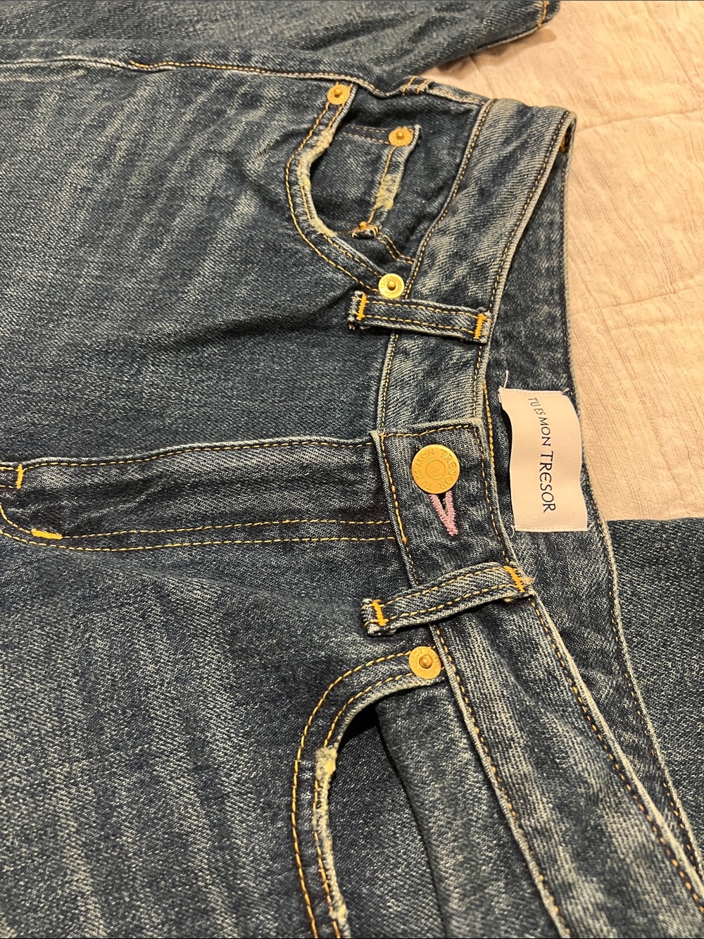 Tu es mon TRESOR Blue Denim Jeans with Gold Stitching